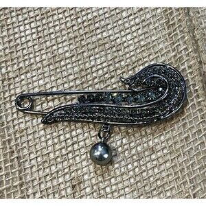 Steampunk Gun Metal Safety Pin Rhinestone Faux Pearl Brooch Whimsigoth